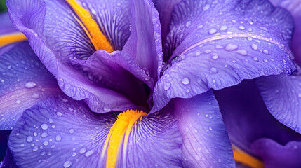 Close-up of purple iris petals with water droplets, garden background, perfect for floral designs