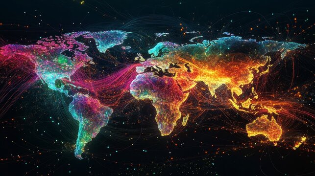 Vibrant Abstract World Map Visualization with Colorful Network Lines - Powered by Adobe