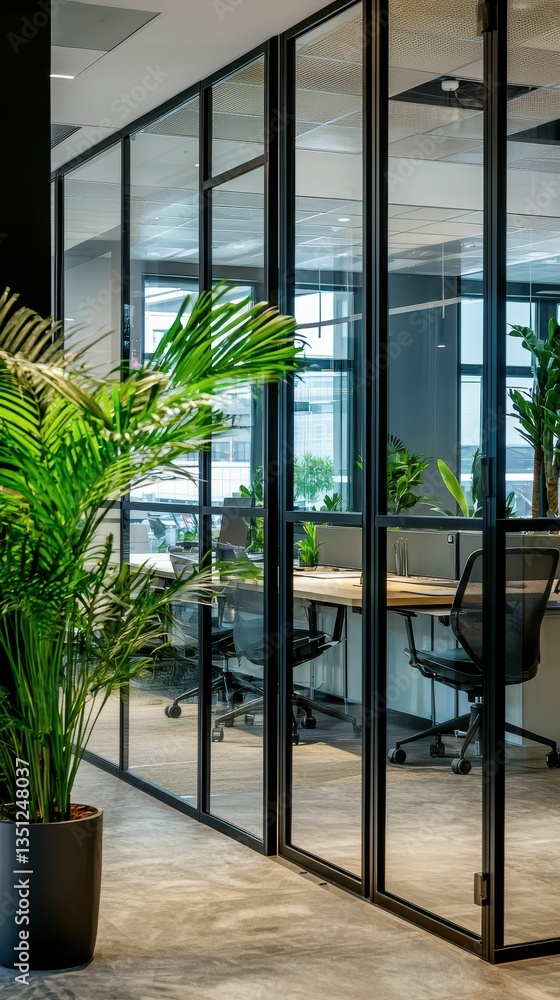 Poster elegant modern office space with open layout and glass partitioning
