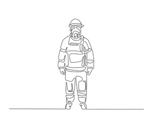 Firefighter one line drawing illustration. Firefighter with uniform monoline design.