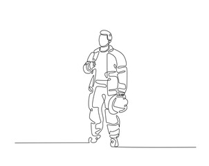 Firefighter one line drawing illustration. Firefighter with uniform monoline design.