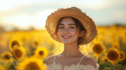 Portrait of a beautiful young woman in a sunflower field, wearing a straw hat and smiling at the camera. The image is captured during the golden hour, providing a vibrant color palette. 