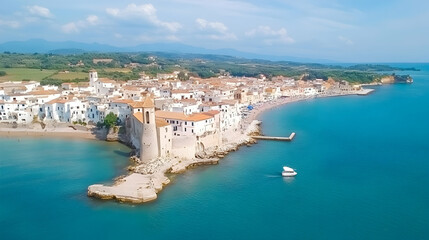 Coastal town aerial view, turquoise sea, sunny day, beach, boats. Travel brochure, website