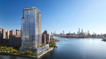 Fototapeta premium Luxury residential apartment with floor-to-ceiling windows and a private terrace.