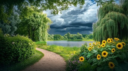 Obraz premium Serene Garden Path Leading to a Calm Lake Under a Dramatic Sky