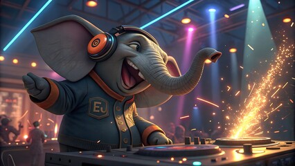 Elephant DJ: A jubilant elephant, adorned with headphones and a stylish jacket, passionately mixes music on a DJ setup amidst the vibrant glow of a lively party scene. 