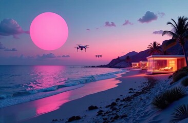 A serene beach at dusk with glowing orbs floating above the water, futuristic beach cabins with glass walls, and automated drones delivering drinks