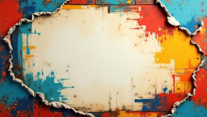 Abstract Colorful Paint Splashes Background with Torn Paper Frame Grunge Texture Design