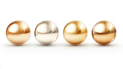 Four glossy spheres in varying metallic shades of gold, silver, and bronze, reflecting light against a white background
