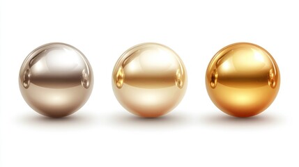 Three shiny metallic spheres in silver, gold, and bronze colors, reflecting light against a white background