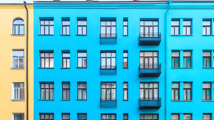 Fototapeta premium Colorful city apartment building facade, windows, balconies, urban architecture, real estate