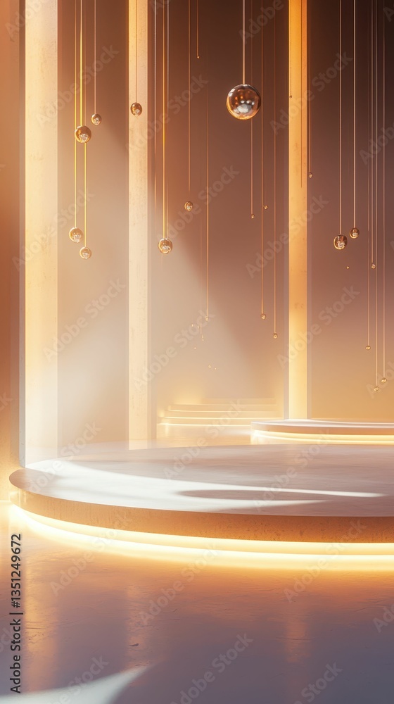 Poster empty surreal stage with podium and hanging elements in soft light