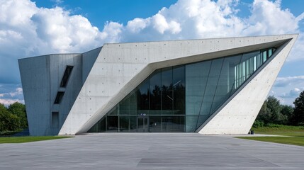 Obraz premium Minimalist white concrete building with sharp angles and large windows.
