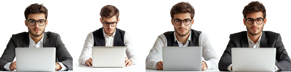 set of A glasses-wearing leader, entrepreneur, working on a laptop, unveiling a new plan, a busy young entrepreneur, on a transparent backgrounds