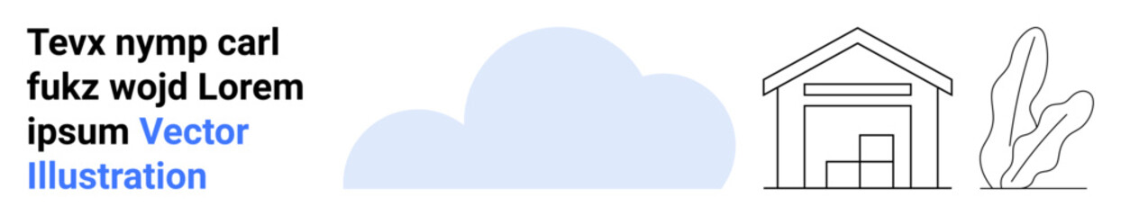 Warehouse with boxes, surrounding foliage, and cloud emphasizing storage, logistics, or cloud services. Ideal for storage management, supply chain, logistics, technology environment shipping or