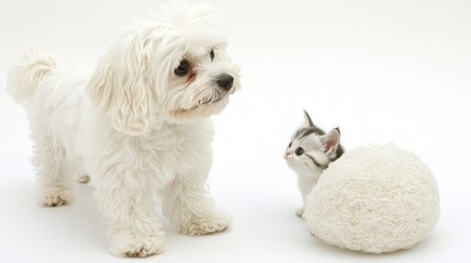 Fototapeta premium A playful small white dog with fluffy fur and bright eyes sits beside an equally small white cat with soft, sleek fur, both looking curiously at the camera in a cozy living room setting.