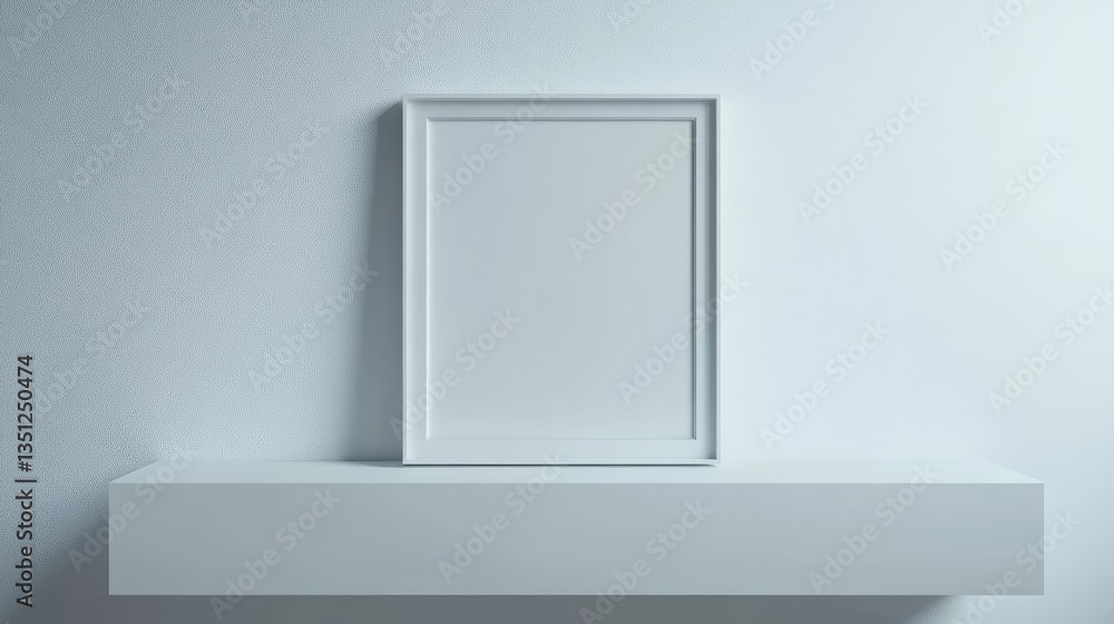 Poster minimalist display of a blank picture frame on a sleek shelf against a soft, textured wall, creating