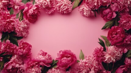 Vibrant pink peonies arranged in a floral frame on a soft pink background, perfect for invitations or decor