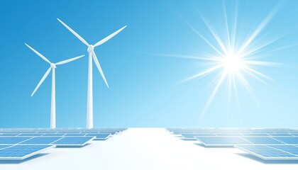 A bright sky featuring wind turbines and solar panels, symbolizing renewable energy and sustainability.