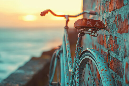 Rustic teal bicycle leans against a brick wall at sunset, overlooking the ocean.
