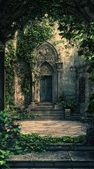 Obraz premium Enchanted Courtyard Garden Scene with Lush Greenery and Mystical Door