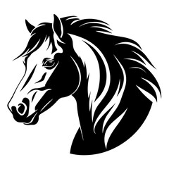 Stylized horse head illustration in black and white, perfect for logos, tattoos, and graphic design projects.