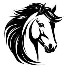 Stylized horse head illustration in black and white, perfect for logos, tattoos, and graphic design projects.
