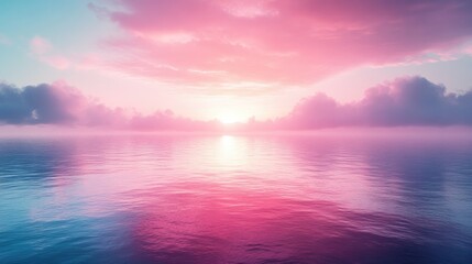 Pink sunset over calm ocean, misty morning