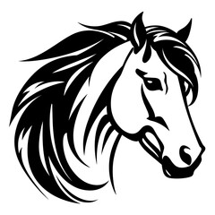 Stylized horse head illustration in black and white, perfect for logos, tattoos, and graphic design projects.