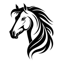 Stylized horse head illustration in black and white, perfect for logos, tattoos, and graphic design projects.