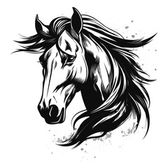 Stylized horse head illustration in black and white, perfect for logos, tattoos, and graphic design projects.
