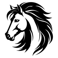 Stylized horse head illustration in black and white, perfect for logos, tattoos, and graphic design projects.