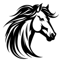 Stylized horse head illustration in black and white, perfect for logos, tattoos, and graphic design projects.