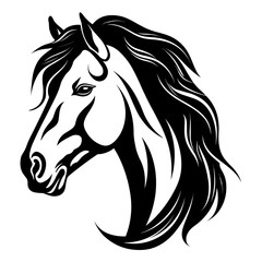 Stylized horse head illustration in black and white, perfect for logos, tattoos, and graphic design projects.