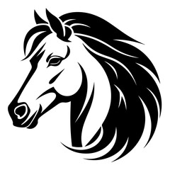Stylized horse head illustration in black and white, perfect for logos, tattoos, and graphic design projects.