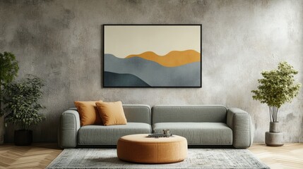 Modern living room featuring a stylish sofa, vibrant cushions, and an abstract landscape painting on the wall