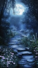 Fototapeta premium Enchanted Moonlit Garden Pathway with Mystical Atmosphere