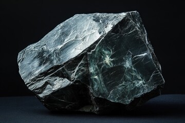 Fototapeta premium A Large Angular Piece Of Grey And Green Rock On Black Surface