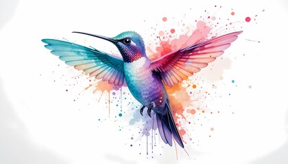 Obraz premium Colorful Hummingbird Watercolor Painting, Vibrant hummingbird in watercolor with paint splatters