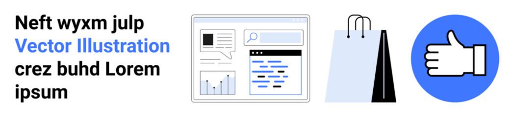 Digital dashboard with charts, two shopping bags, and a thumbs-up icon representing analytics, shopping, efficiency, social approval, success, feedback, ideal for a simple landing page