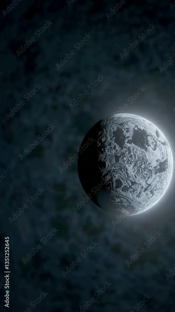 Poster Rotating alien planet in space with illuminated craters and surface details