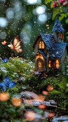 Enchanted Fairy Garden Scene with Whimsical Tiny House and Butterflies