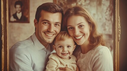 Fototapeta premium A joyful family portrait featuring a smiling couple with their baby in a vintage-style setting