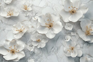 A beautiful 3D wallpaper featuring white marble flowers interspersed with delicate abstract designs. The high-quality marble texture adds elegance and  