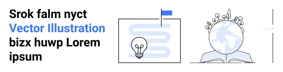 Lightbulb over pathway with flag symbolizing innovation and progress, globe with laurels on open book reflecting knowledge and education. Ideal for business, creativity, learning, digital media