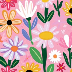 A vibrant illustration of colorful flowers on a pink background, featuring daisies, sunflowers, and decorative leaves, creating a cheerful and lively atmosphere.