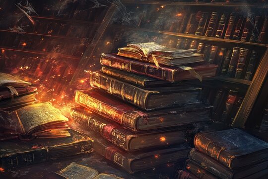 Stacked antique books displayed in a warm and inviting library