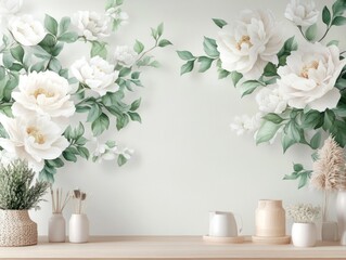 A beautiful peony flower mural with mint-colored leaves, set against a soft, light background. The design offers an elegant and calming aesthetic, ideal  