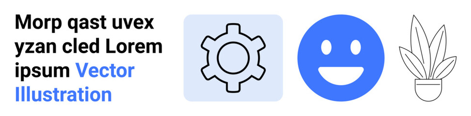 Gear icon, blue happy face, and potted plant illustrating teamwork, technology, optimism, nature, creativity, sustainability and workplace aesthetics. Ideal for flat landing page banner
