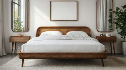 Clean bedroom features wooden bed frame nightstands and mirrors